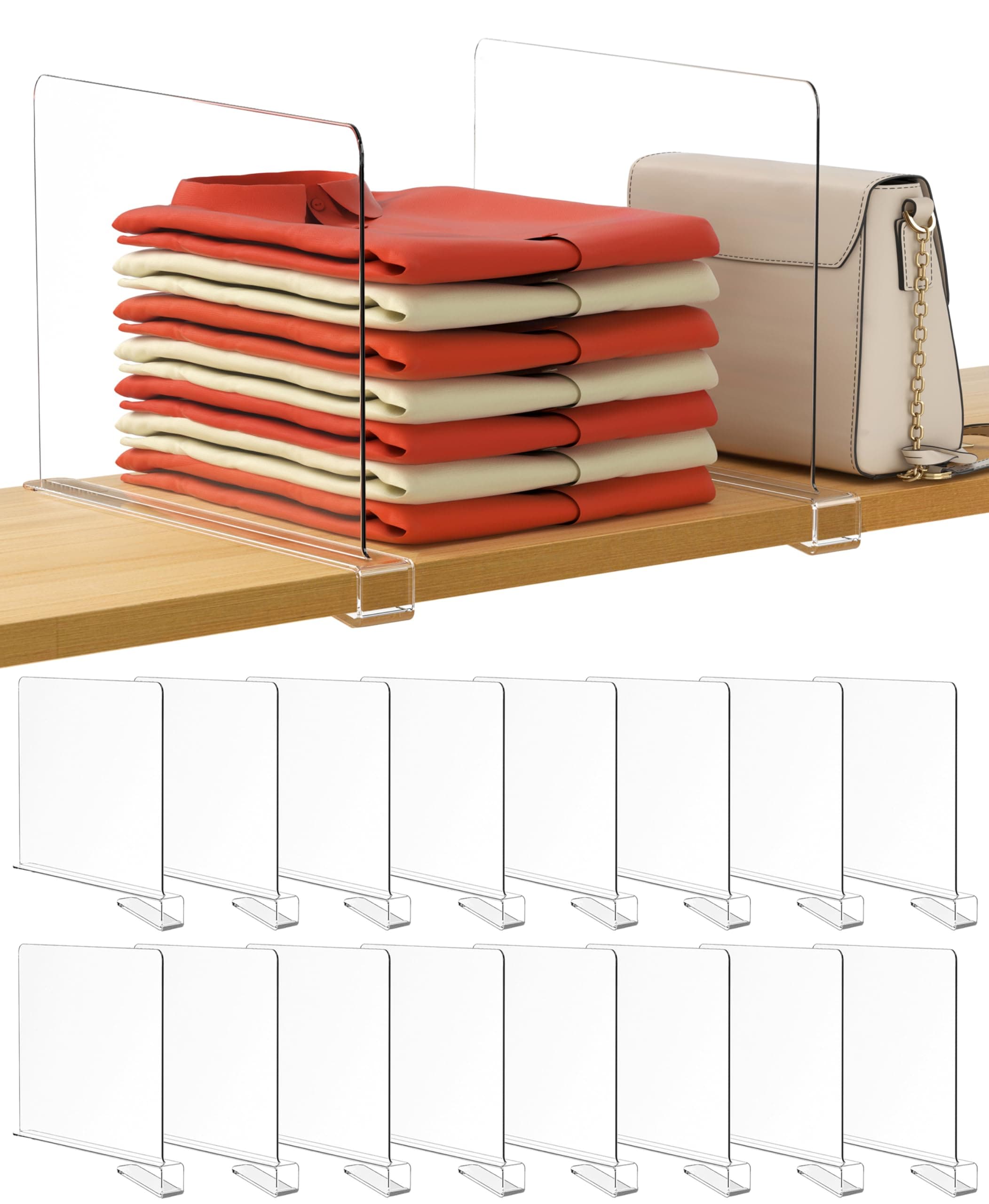 HBlife 12 Inches Tall [Extra Tall Version] Clear Shelf Dividers, 16 Pack Purse Organizer for Closet Perfect for Handbags, Acrylic Bookshelf for Organization