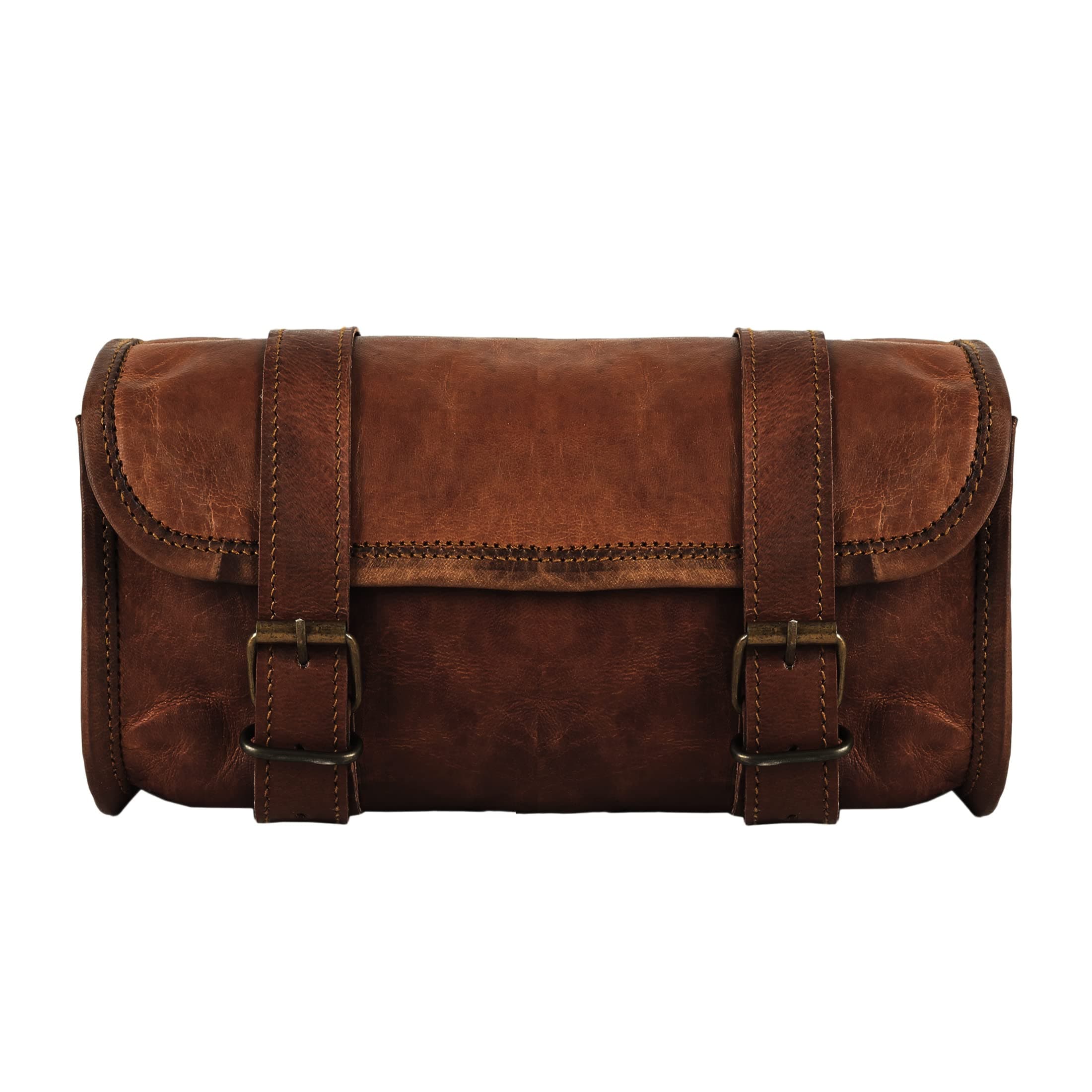 Genuine Goat Leather Vintage Motorcycle 2 Strap Buckle Closure Tool Brown Bag Quick Release Clasp Reinforced for Handlebars,Forks, Sissy Bar - 10" Christmas New Year Gift Idea