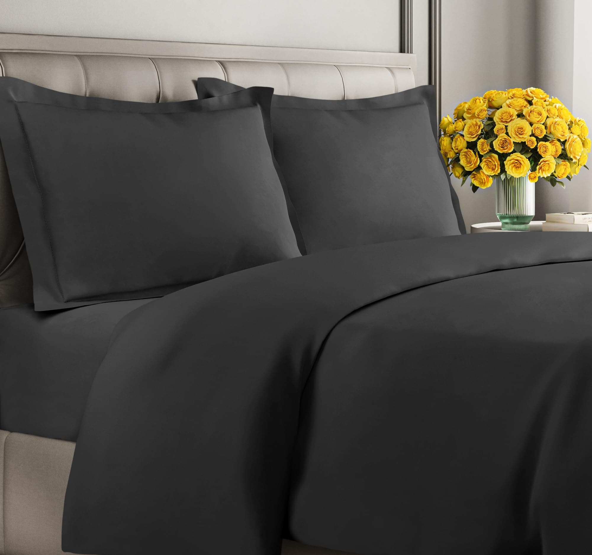Duvet Cover Cal King Size Set - Extra Soft Cal King Size Duvet Cover - 104" x 98" Cal King Duvet Cover w/ 2 Pillow Shams - Easy Care & Fade Free - Comforter Cover w/Zipper Closures & Ties (Black)