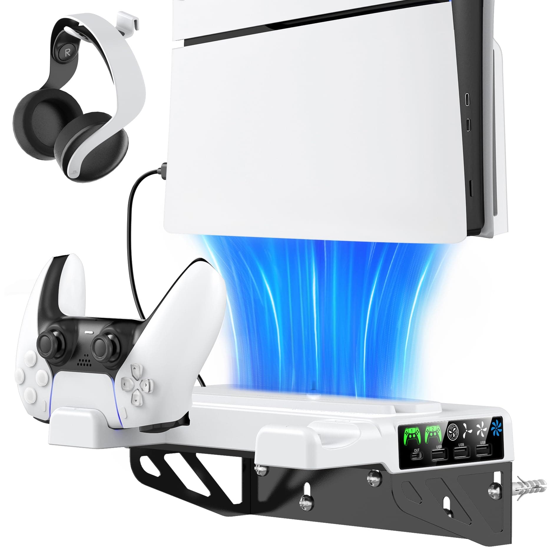 PS5/Slim/Pro Wall Mount Kit with Cooling Fan & Charging Station, PS5 Shelf Floating Mount for All PlayStation 5/Slim/Pro Disc & Digital Console, PS 5 Wall Bracket Behind TV, PS Five Pro Accessories