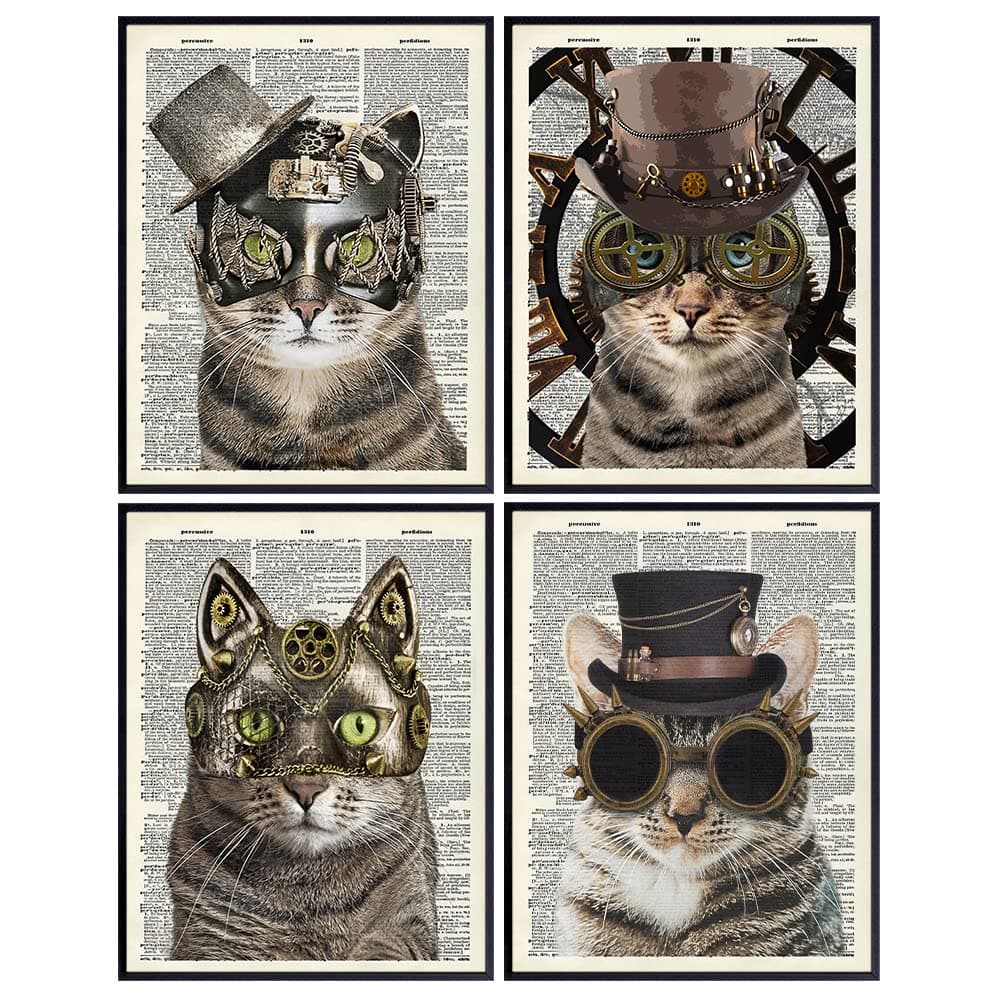 Cats in Steampunk Accessories - Gothic Steampunk Cats - Goth Wall Art Decor - Kitty, Kitten, Cat Themed Gifts for Renaissance Victorian Fans -Home Decoration for Bedroom, Living Room - 8x10 Posters