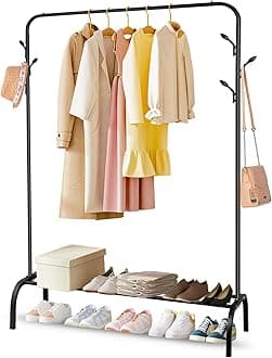 Multipurpose Clothing Garment Rack with Bottom Shelves,Metal Clothes Stand Rack with Rod and Lower Storage Shelf, Heavy Duty Coat Rack and Shoe Bench Storage Stand for Indoor Bedroom
