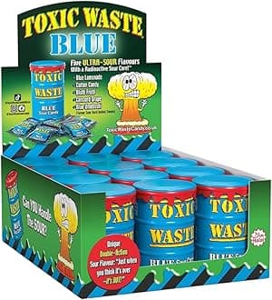 Toxic Waste Blue Drums Hazardously Sour Candy Sweets - 12x Drums: 5 Sour Flavours (Raspberry, Blueberry, Blackberry, Lemonade, Cotton Candy)