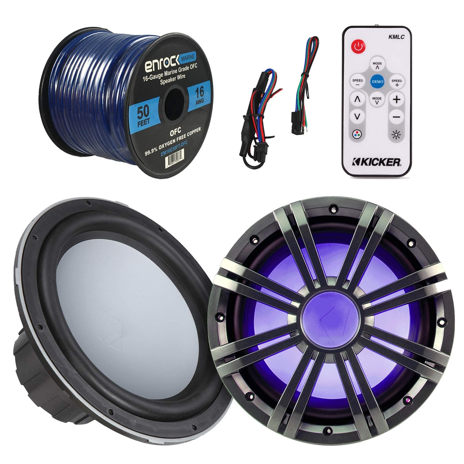Marine Speaker & Sub Combo - Kicker KMW10 10-Inch RoHS Compliant 4-Ohm Boat Yacht Subwoofer, Bundle With Charcoal LED Woofer Grill + LED Light Remote Controller + Enrock 50 Feet 16 Gauge Speaker Wire