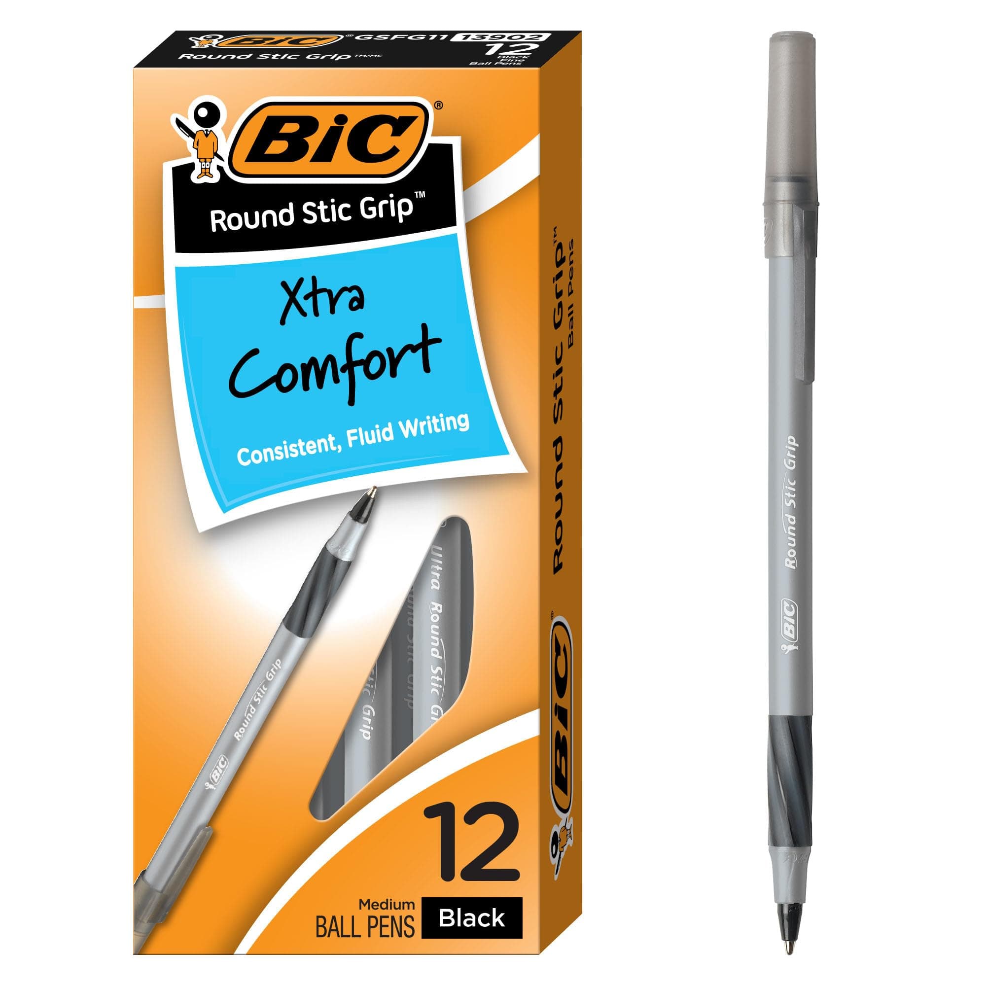 Round Stic Grip Xtra Comfort Black Ballpoint Pens, Medium Point (1.2mm), 12-Count Pack, Perfect Writing Pens With Soft Grip for Superb Comfort and Control