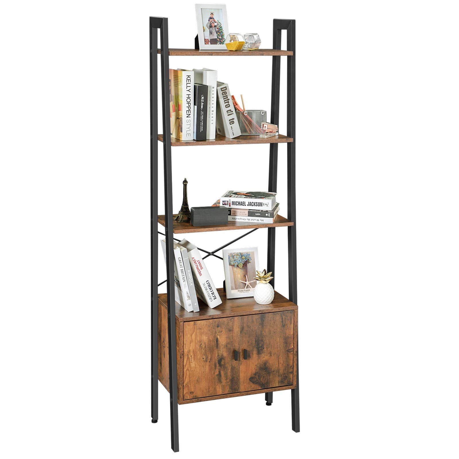 Shelf Ladder, Bookcase, Storage Shelf with Cupboard, 4 Tiers, Stable Steel Frame, Living Room, Bedroom, Office, 56 x 34 x 173 cm, Industrial Style, Rustic Brown LLS47BX