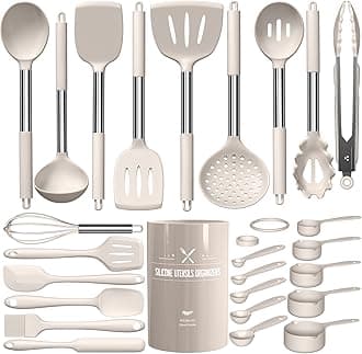 Large Silicone Kitchen Utensils Set, Umite Chef Heat Resistant Cooking Utensil with Stainless Steel Handle, Spatula, Spoon, Khaki Silicone Cooking Utensil for Nonstick Cookware, Dishwasher Safe