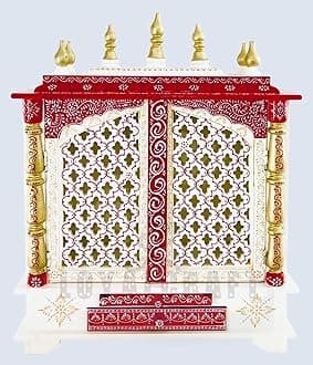 LOYALCRFAT Wooden Temple Large Size 24x12x30 Home Temple/Home mandir/god Stand for Home/Pooja Stand/Home mandap/mandapam/Pooja mandir with Doors (Large 24x12x30 WxDxH INCH, White red Golden)