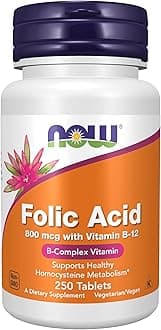 NOW Supplements, Folic Acid 800 mcg + B-12 (Cyanocobalamin) 25 mcg, B Complex Vitamin, 250 Tablets