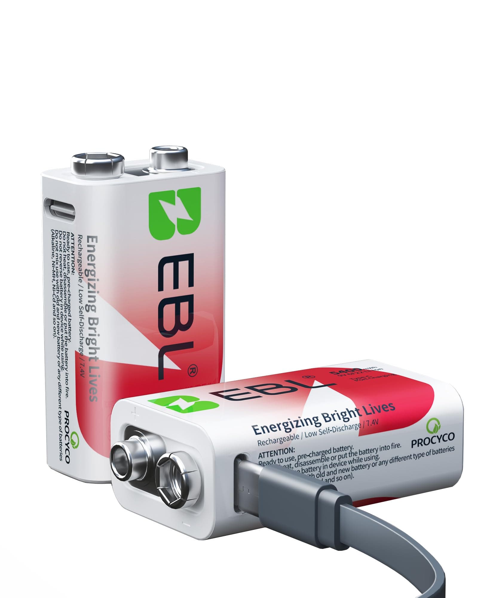 EBL Rechargeable 9V Lithium Batteries, 5400mWh USB 9 Volt Li-ion Batteries Long-Lasting(2 Pack)