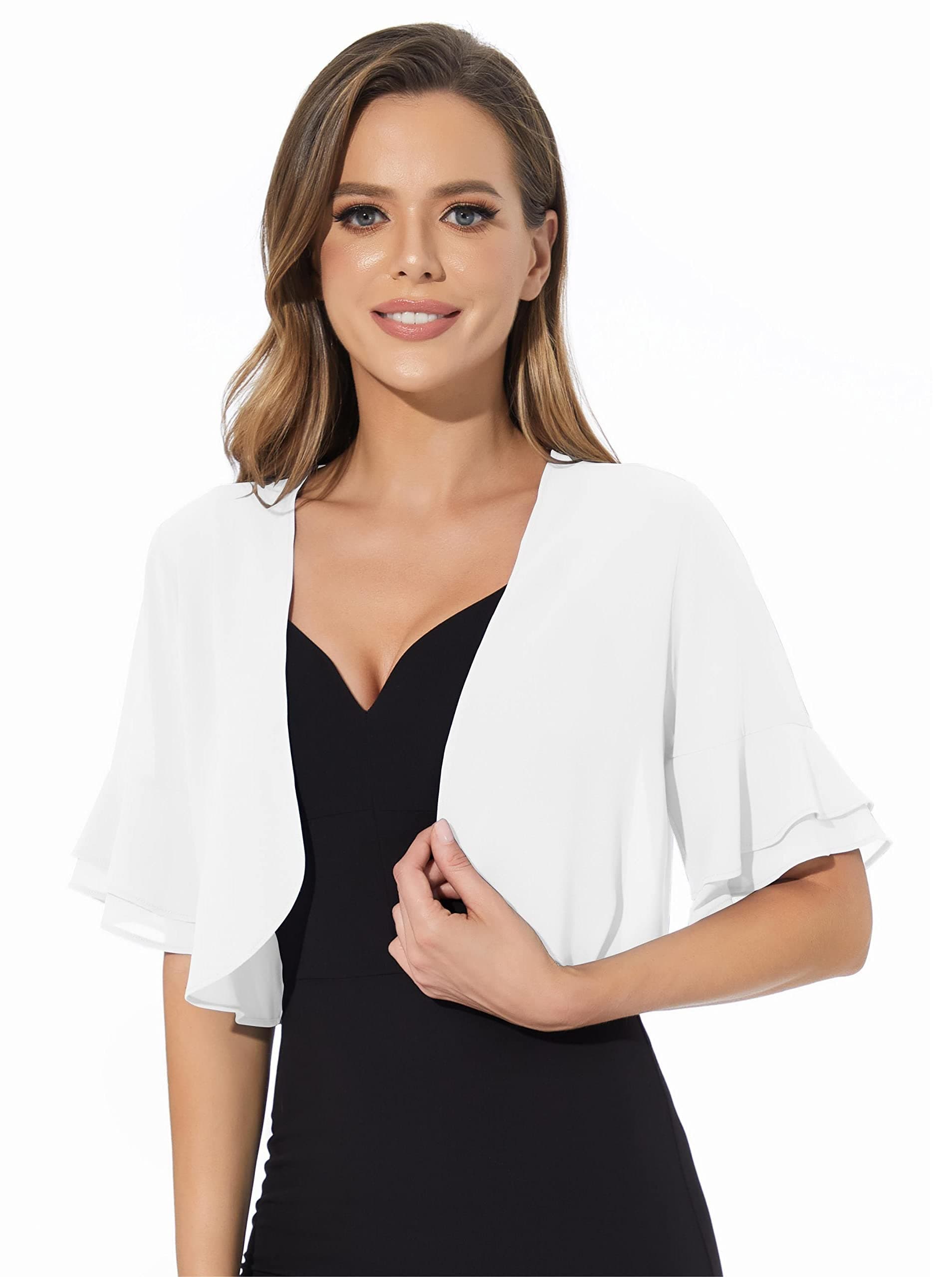 Women Shrug Soft Chiffon Open Front Sheer 3/4 Sleeve Bolero Cardigan for Evening Dress
