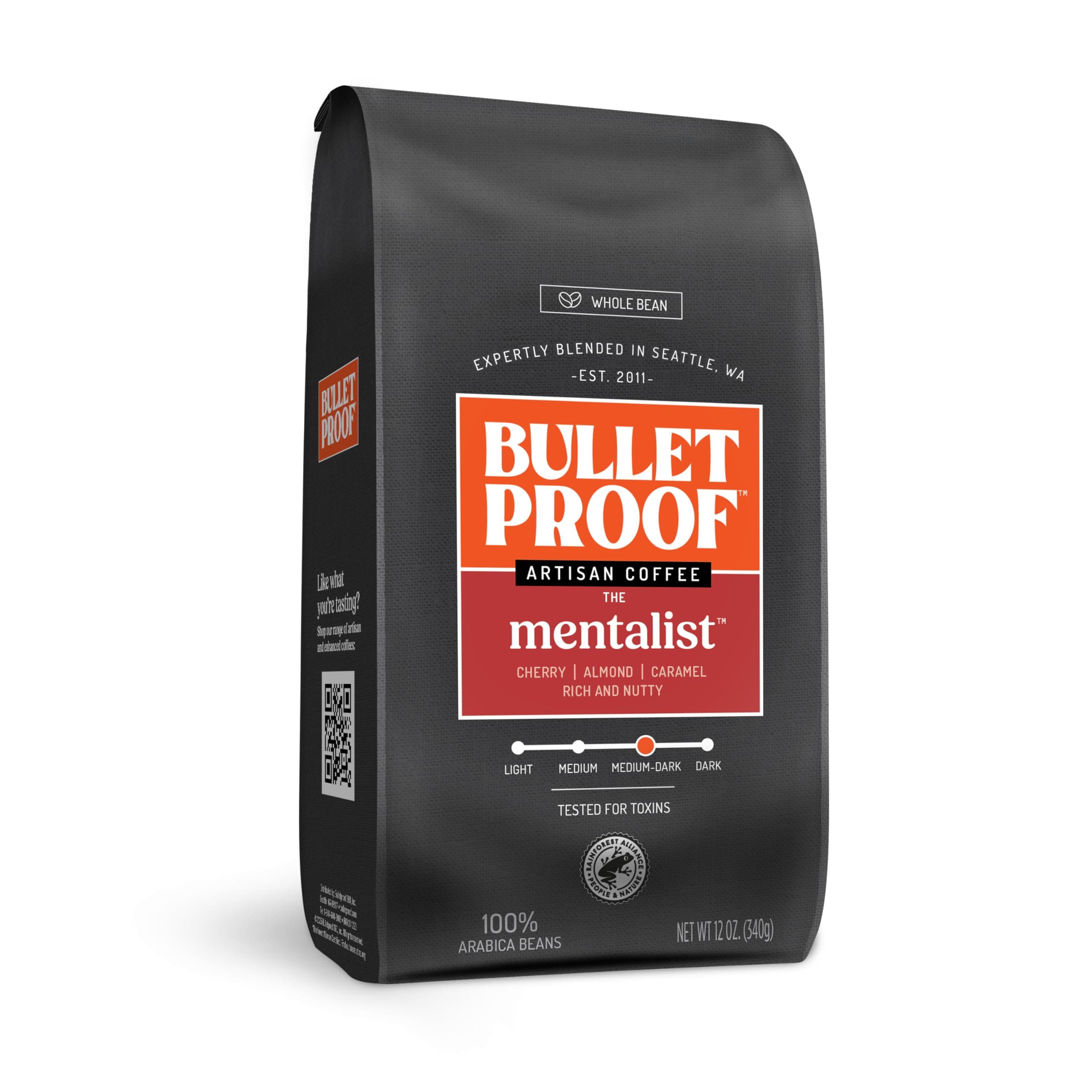 Bulletproof The Mentalist Whole Bean Coffee, Medium Dark Roast, 12 Oz, Keto Friendly 100% Arabica Coffee, Certified Clean Coffee, Rainforest Alliance, Sourced from Guatemala, Colombia & El Salvador