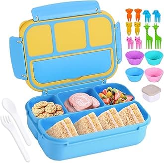 Bento Box for Kids Girls Boys, Bento Box Adult Lunch Box with 4 Compartments, Lunch Containers with Utensils, Sauce Jar, Muffin Liners for School, 40 Oz/5 Cup, Blue