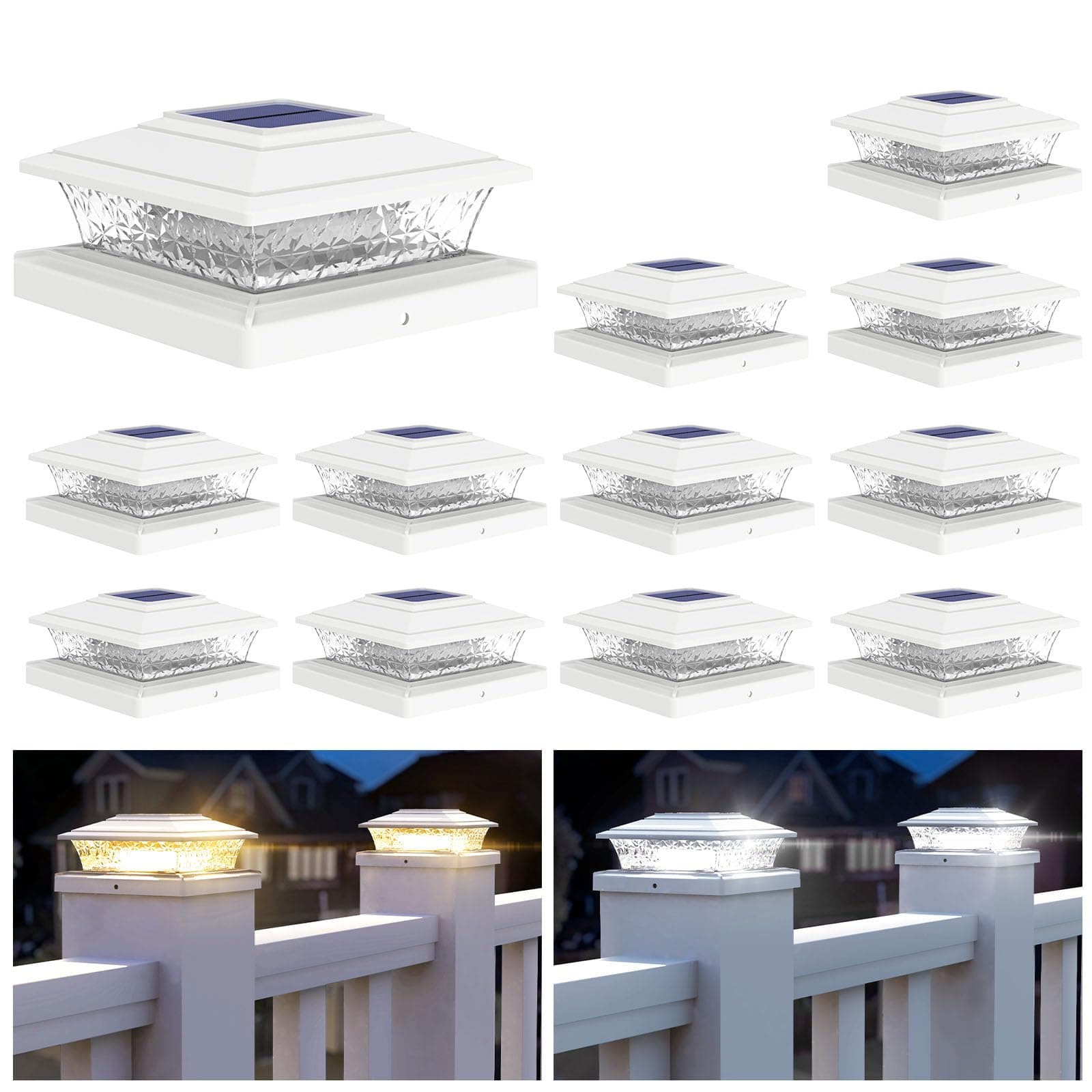 APONUO Solar Post Lights Outdoor, 2 Lighting Modes 16 LEDs Solar Post Cap Lights for 4x4 5x5 6x6 Vinyl Wooden Posts Waterproof Fence Posts Light Solar Powered for Deck/Fence/Porch (White,12 Pack)