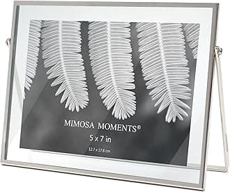 MIMOSA MOMENTS 5x7 Silver Metal Floating Picture Frame, Horizontal Double Glass Tabletop Display, Modern Minimalist Photo Frame for Home & Office Decor