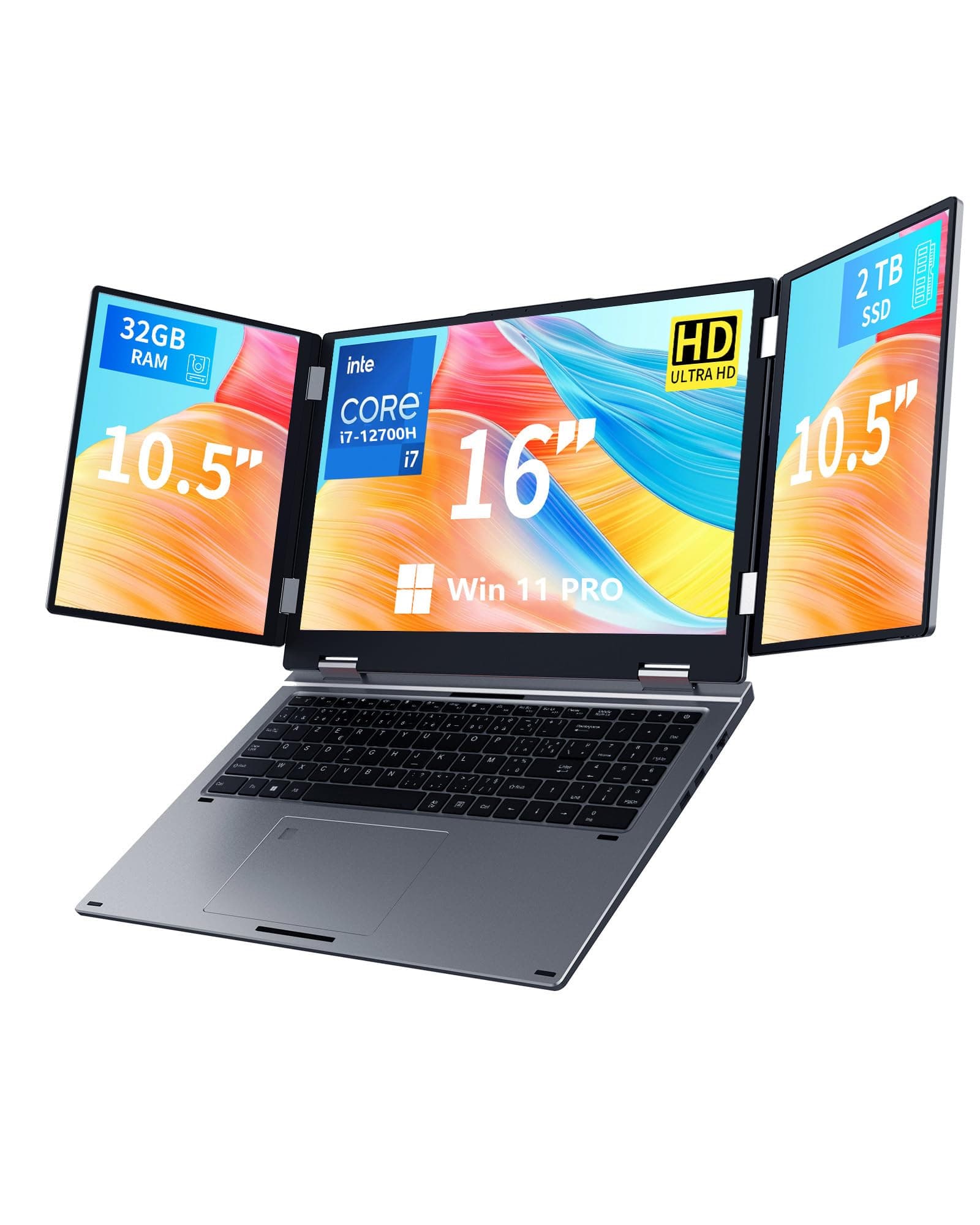 - Triple Screen Laptop,16” Main + Dual 10.5” Monitors, Core i7-12700H, 32GB RAM,2TB SSD, Win 11 Pro,Wi-Fi 5,BT 5.0,Face & Fingerprint Unlock,USB-C,HDMI (Max16-i7-1270P(32GB+2TB))
