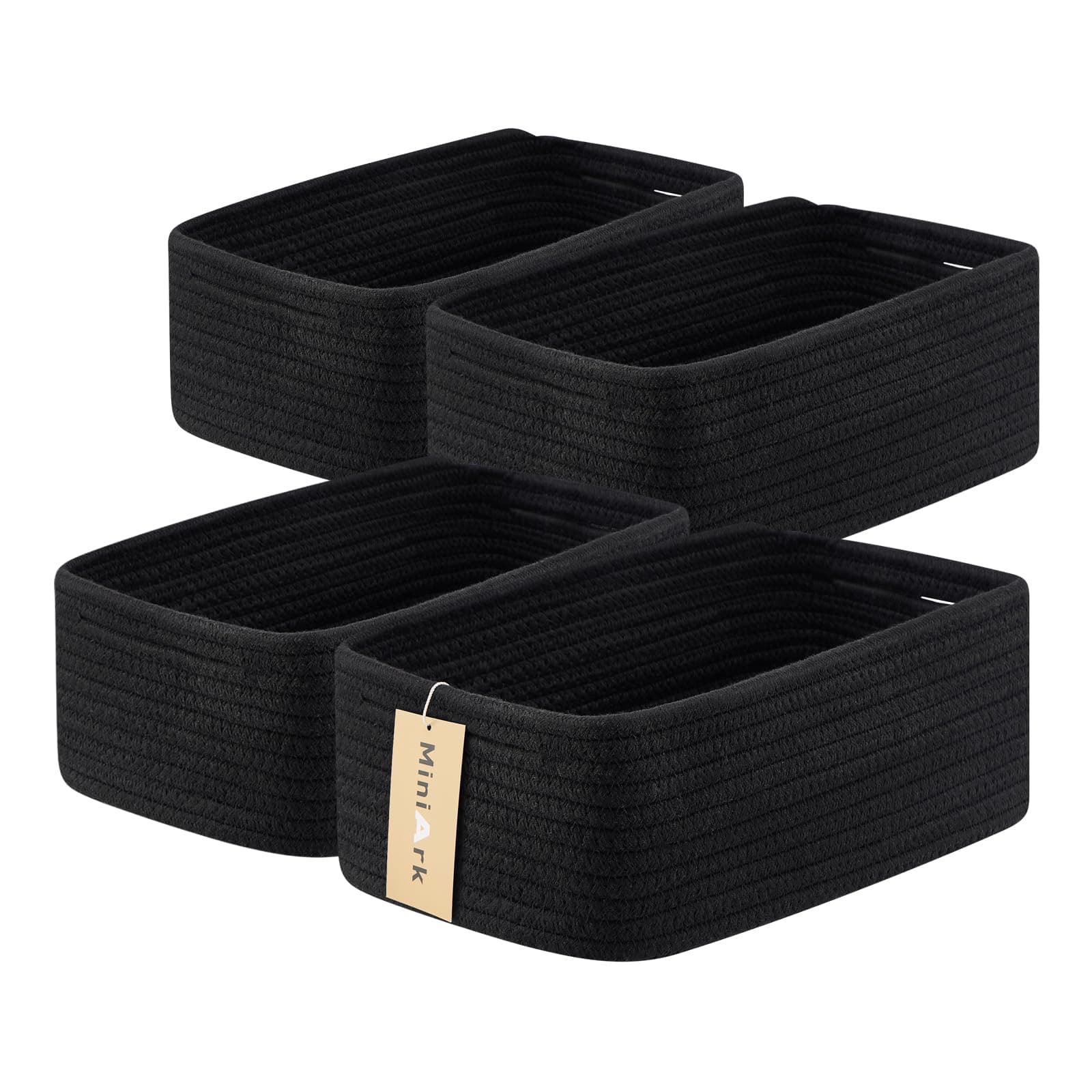 Small Storage Baskets for Organizing | Closet Organizer Bins | Shelf Toy Basket | Woven Rope Baskets | Cube Decorative Box | Shallow Basket | 13x8.5x5.1” | 4 Packs Black