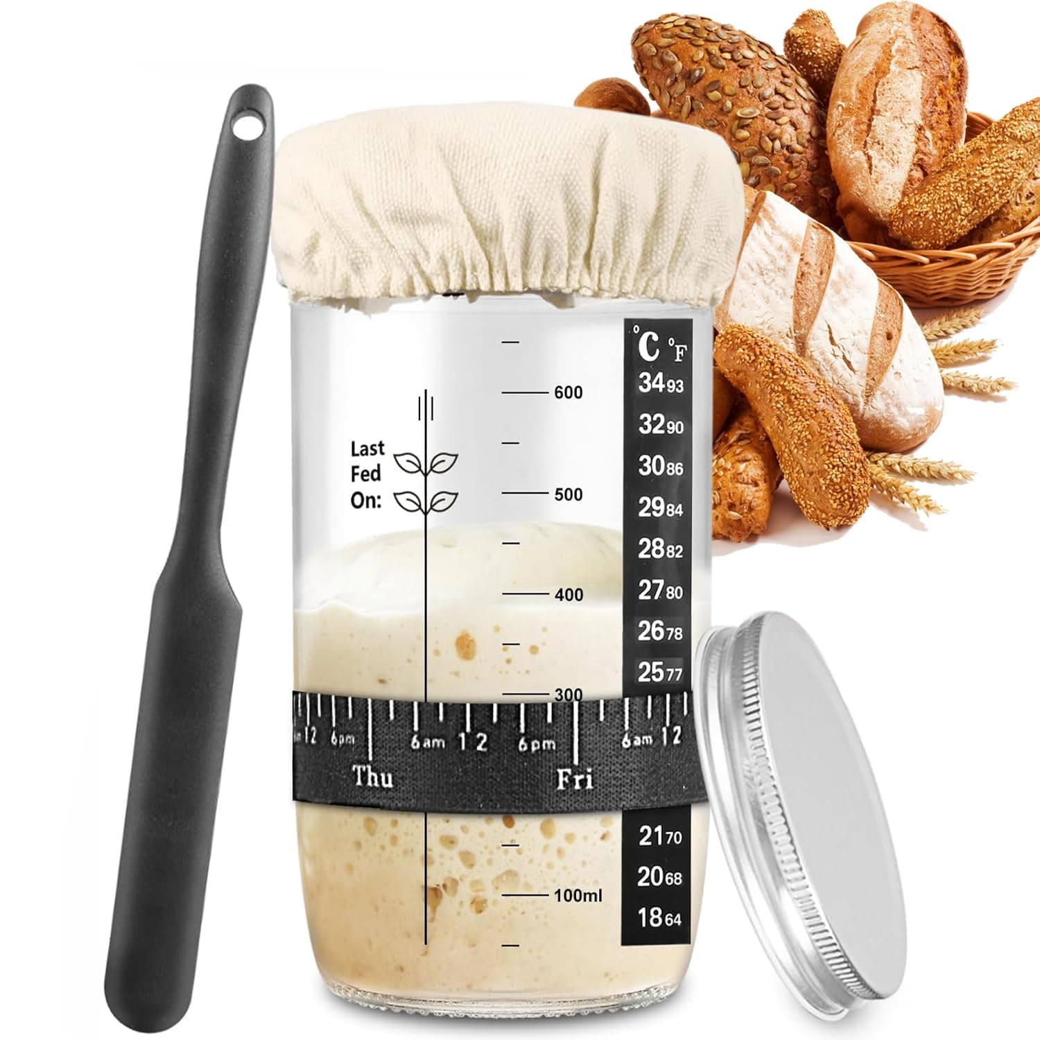 Sourdough Starter Jar, Sourdough Starter Kit with Date Marked Feeding Band, Thermometer, Cloth Cover & Metal Lid, Reusable Sourdough Bread Baking Supplies, Home Baking Supplies