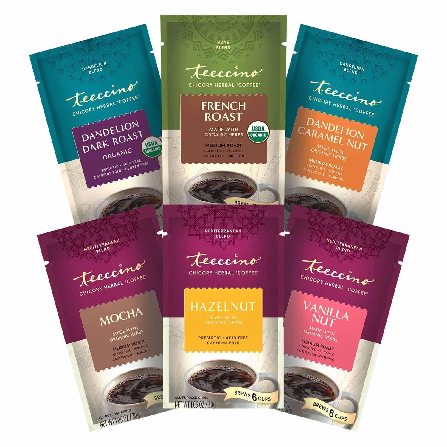 Teeccino Herbal Coffee Sampler - 6 x 30g Trial Size Chicory Coffee Alternatives - French Roast, Vanilla Nut, Hazelnut, Mocha, Maca Chocolate, Java – Prebiotic, Caffeine Free & Acid Free
