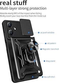 Case for Tecno Spark 6 Go, Rugged Shockproof Cover with 360° Rotatable Magnetic Kickstand and Slide Camera Lens Cover Case for Tecno Spark 6 Go-Black