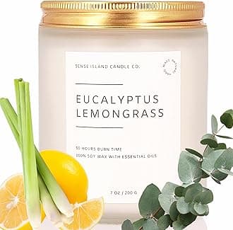 SENSE ISLAND Eucalyptus Lemongrass Scented Candle for Home Scented 50+ Hrs Highly Scented Refreshing Citrus | 100% Natural Soy Candle Gifts for Women Highly Scented House Warming Gifts