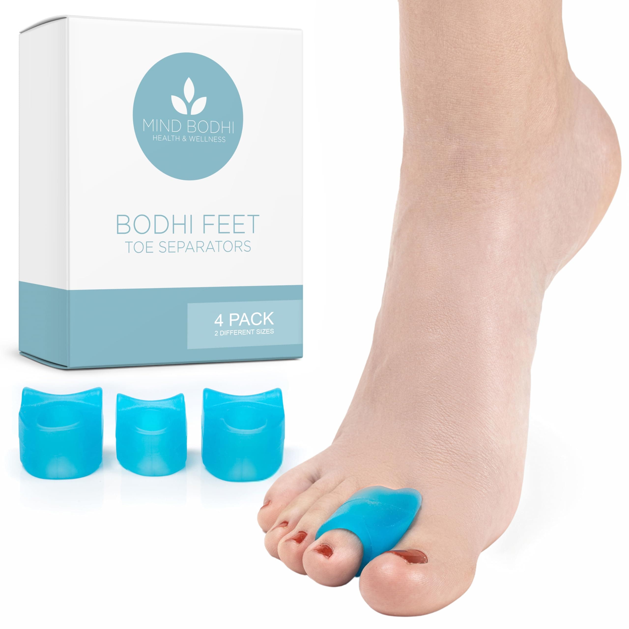 Mind Bodhi Toe Separators 4-Pack (Small and Large) to Cushion The Big Toe and Prevent it from Drifting Inwards (Toe Spacers Toe Spreader Toe Straightener Bunion Corrector Toe Stretcher) - Blue