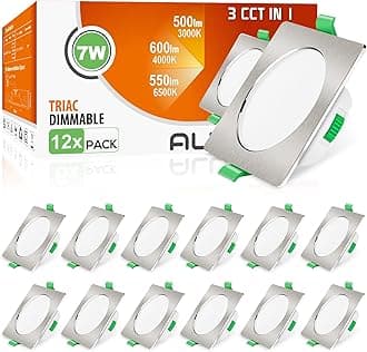ALUSSO Square LED Downlights Dimmable 7W IP44 Slim Recessed Ceiling Lights, 3CCT 3000K Warm 4000K Neutral 6500K Cool Adjustable Bathroom Spotlights, Brushed Nickel, 12 Pack [Energy Class D]