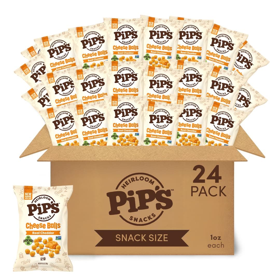 Pip’s Heirloom Baked Cheddar Cheese Balls – 1 oz Bags (24 pk) – Individually Wrapped Snack Packs Made With Real Cheddar, Heirloom Corn & Avocado Oil – Baked Not Fried, Seed Oil Free, Gluten Free, Non-GMO