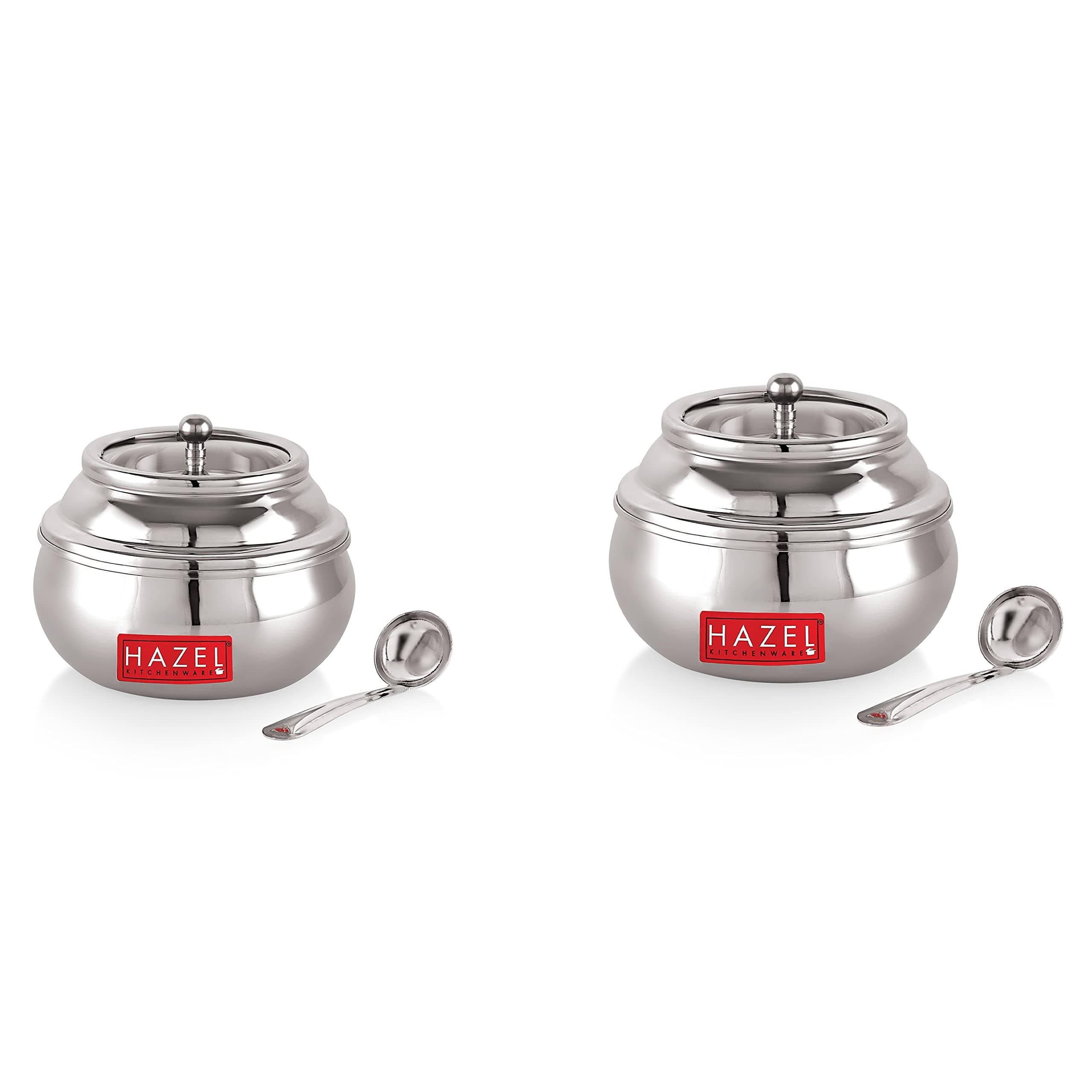 HAZEL Stainless Steel Ghee Pot with Spoon & See Through Lid | Oil Containers for Kitchen | Ghee Storage Container with Glossy Finish, Set of 2, 200 ML & 250 ML