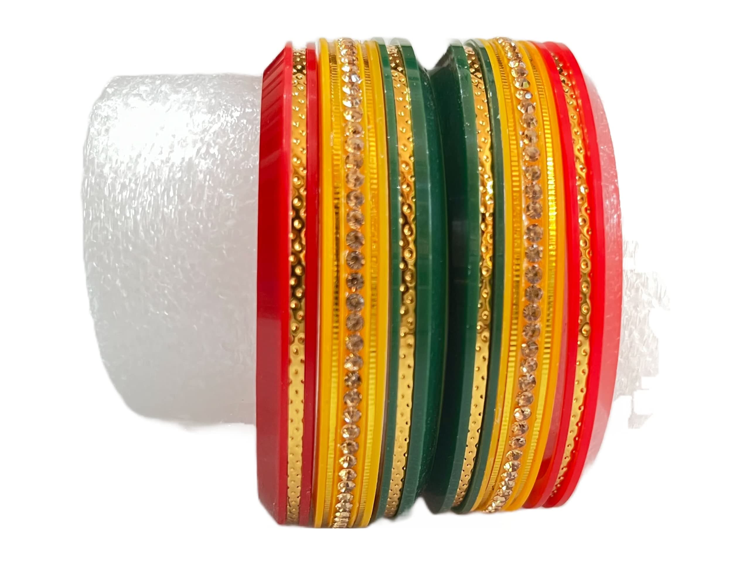 Pari Bangles Punjabi/Rajasthani Style Seep Plastic Bangles Set Crystal Stone Chuda Set for Women & Girls | set of 6 pieces | perfect for Gifting | R|G|Y