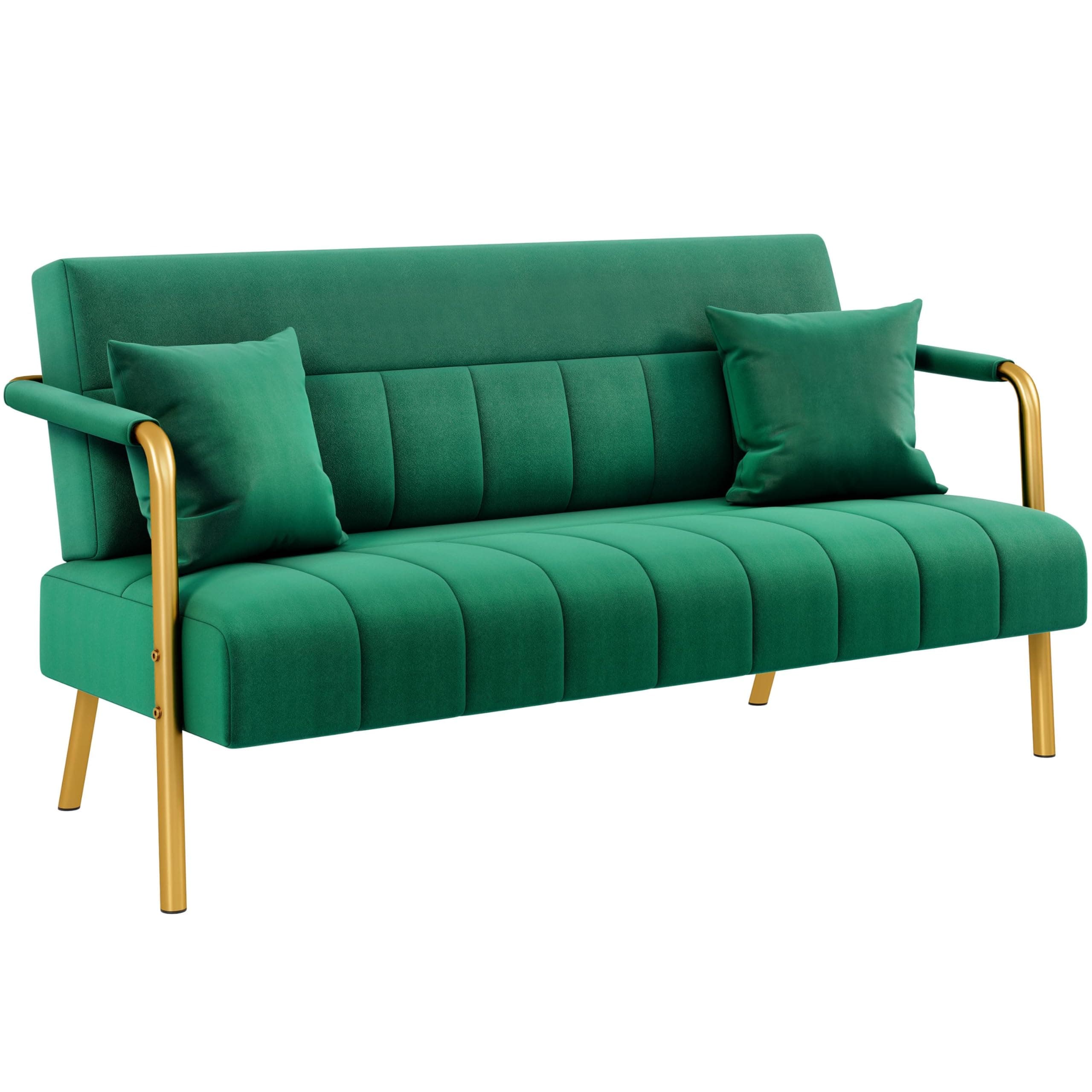 Yaheetech 2 Seater Modern Sofa Velvet Fabric Loveseat with Gold-tone Metal Arms and Legs for Bedroom, Home Office, Studio, Living Room Furniture Green