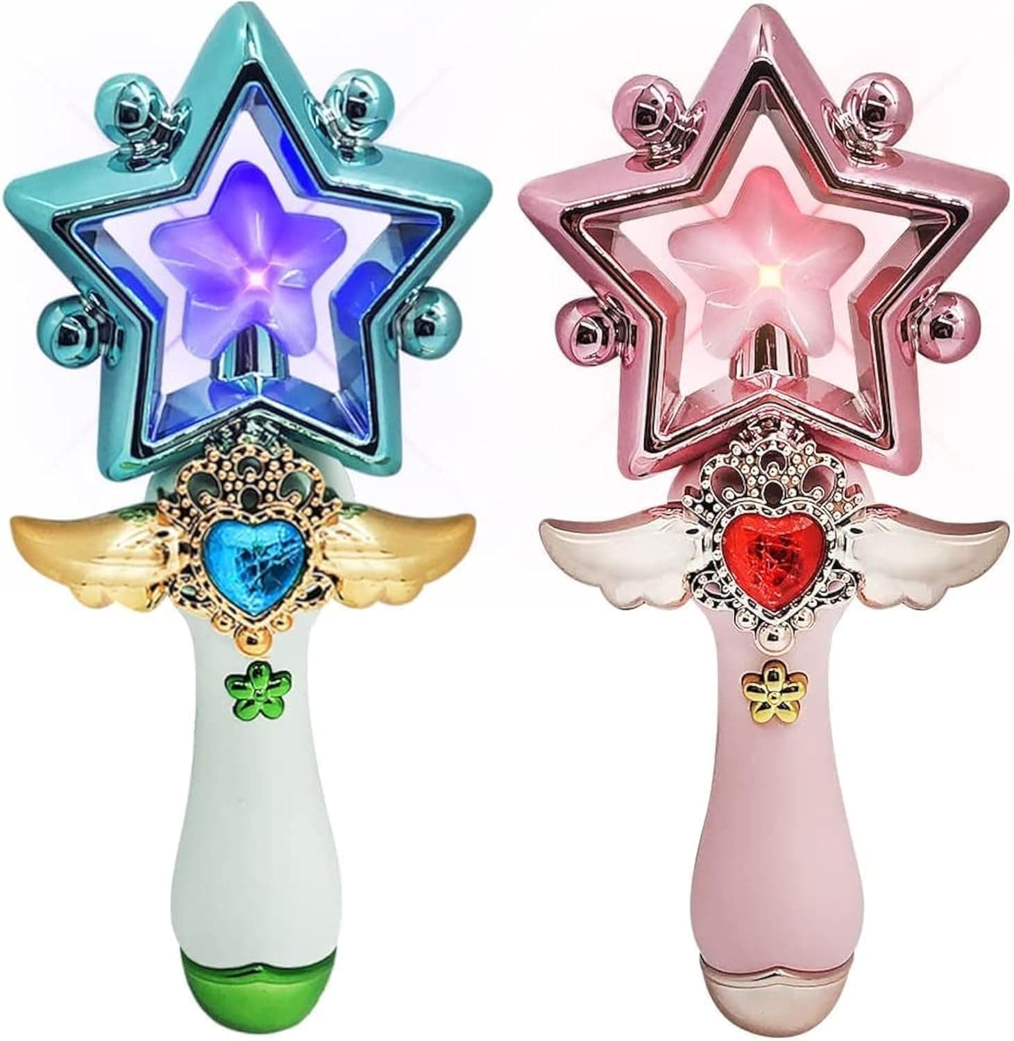 Azonee Light Up Magic Star Wand, 2 Pcs 8 Inch Cute Princess Wands with Flashing LED Effect & Magical Sounds, Batteries Included, Pretend Play Prop, Best Birthday Gift, Party Favor for Kids (Star)
