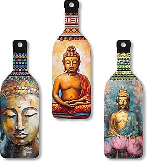 Meditating Gautam Buddha Bottle shaped Wooden Wall Hanging | Spiritual Decor Items | Wall Art Painting For Hall | Wall Paintings | Handcrafted Art | Poster | Gift Items (WH_9507N), Set of 3