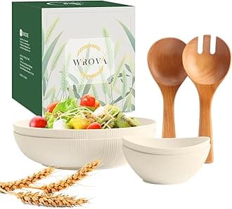 Wheat Straw Bowls Set- Large Serving Bowls with Wood Salad Servers and Sauce Bowls 6 Pack- Unbreakable Salad Bowl with Spoon and Fork for Party, Family- Beige