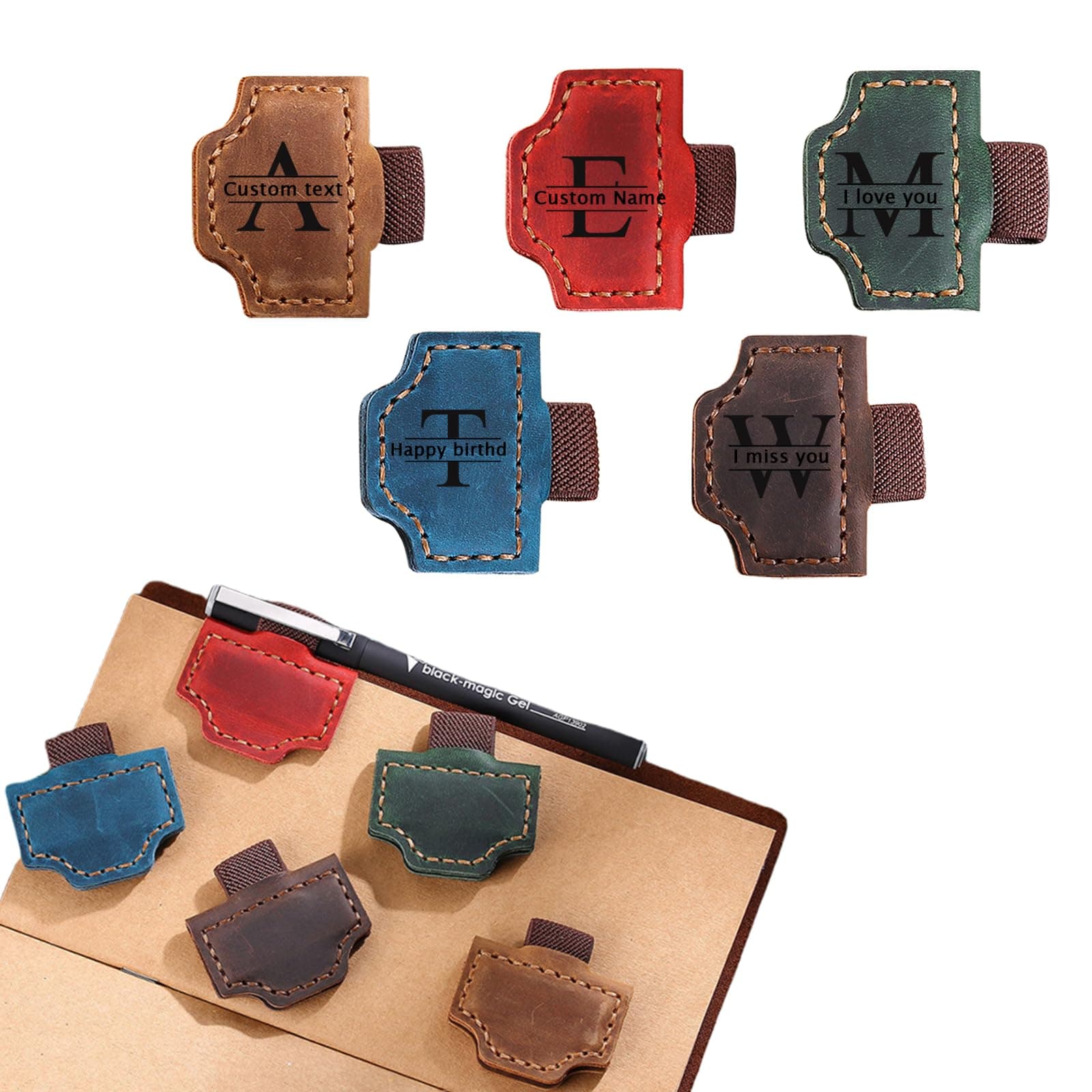 Personalized Leather Magnetic Bookmarks - Custom Leather Magnetic Bookmarks Pen Holder for Travelers Notebook Journal Covers for Customized Gifts for Readers(A)