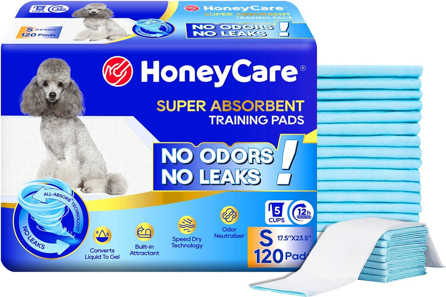 Honey Care All-Absorb, Small 17.5" x 23.5", 120 Count, Dog and Puppy Training Pads, Ultra Absorbent and Odor Eliminating, Leak-Proof 5-Layer Potty Training Pads with Quick-Dry Surface, Blue, A05