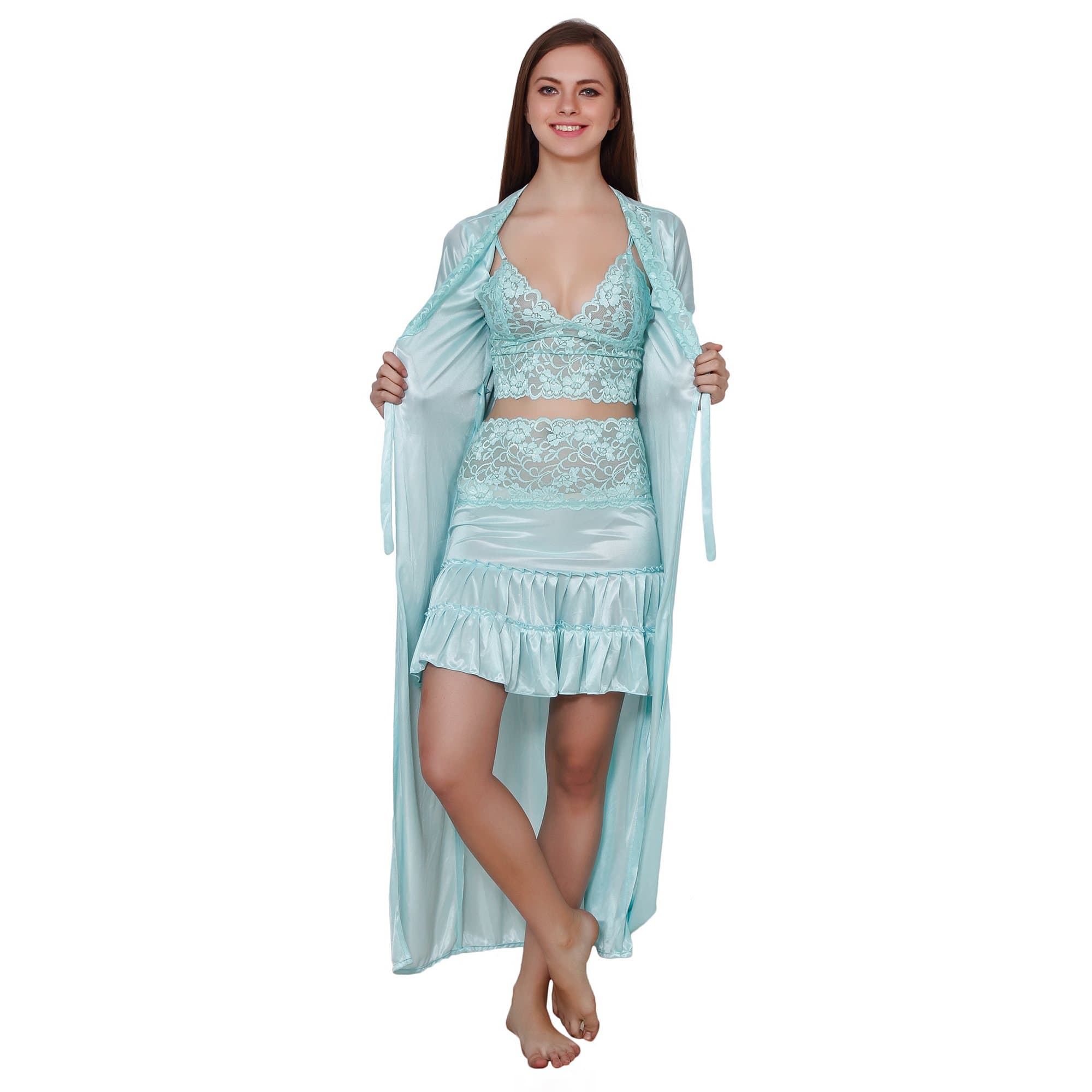 Queen Pretty Women's Satin Nighty with Robe (Blue)