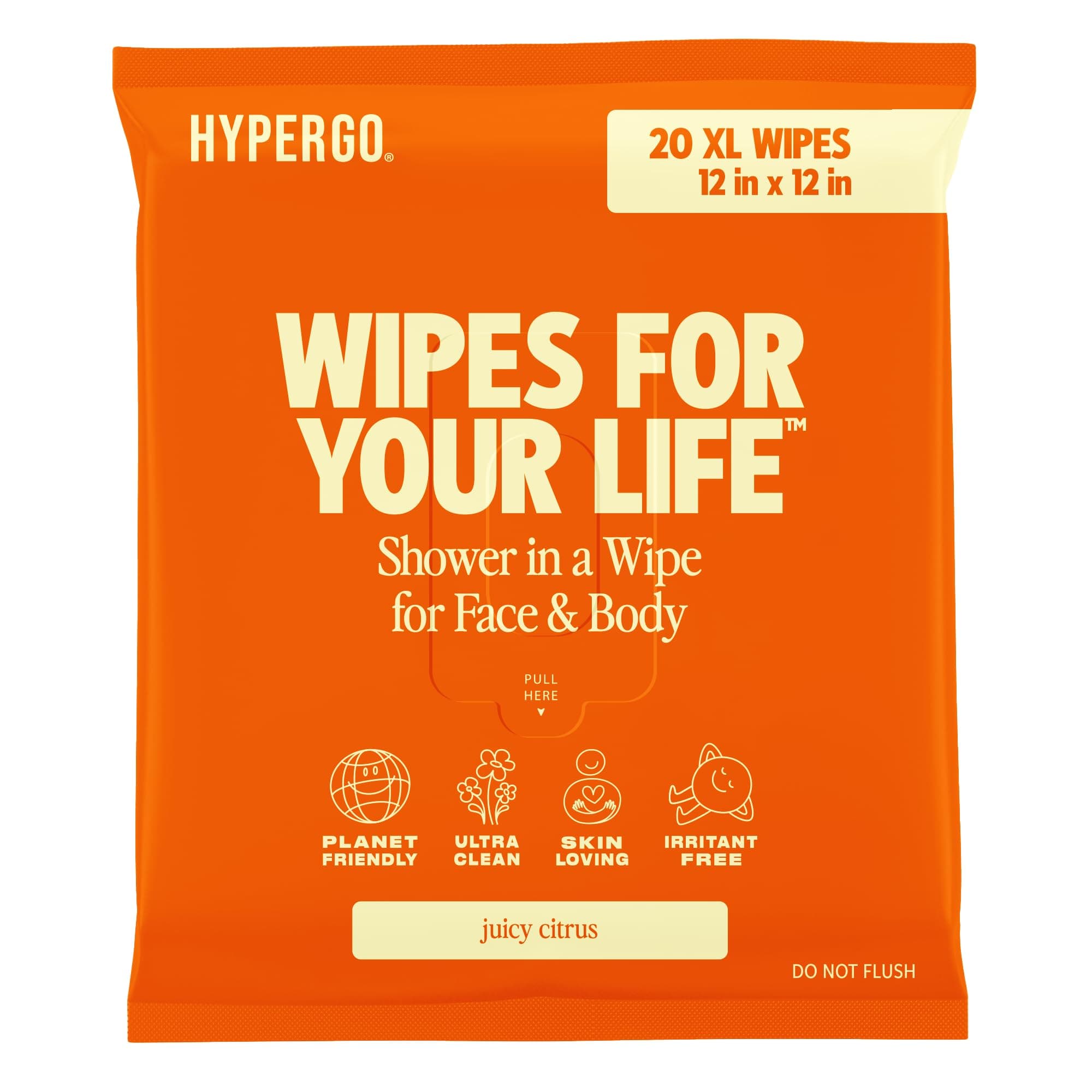HyperGo Full-Body Rinse-Free Hypoallergenic Biodegradable Bathing Wipes –All Natural, Refreshing Anytime Anywhere, Post Workout, Camping, Travel, Daily Life, 12”x12” X-Large 20-count, Grapefruit 1