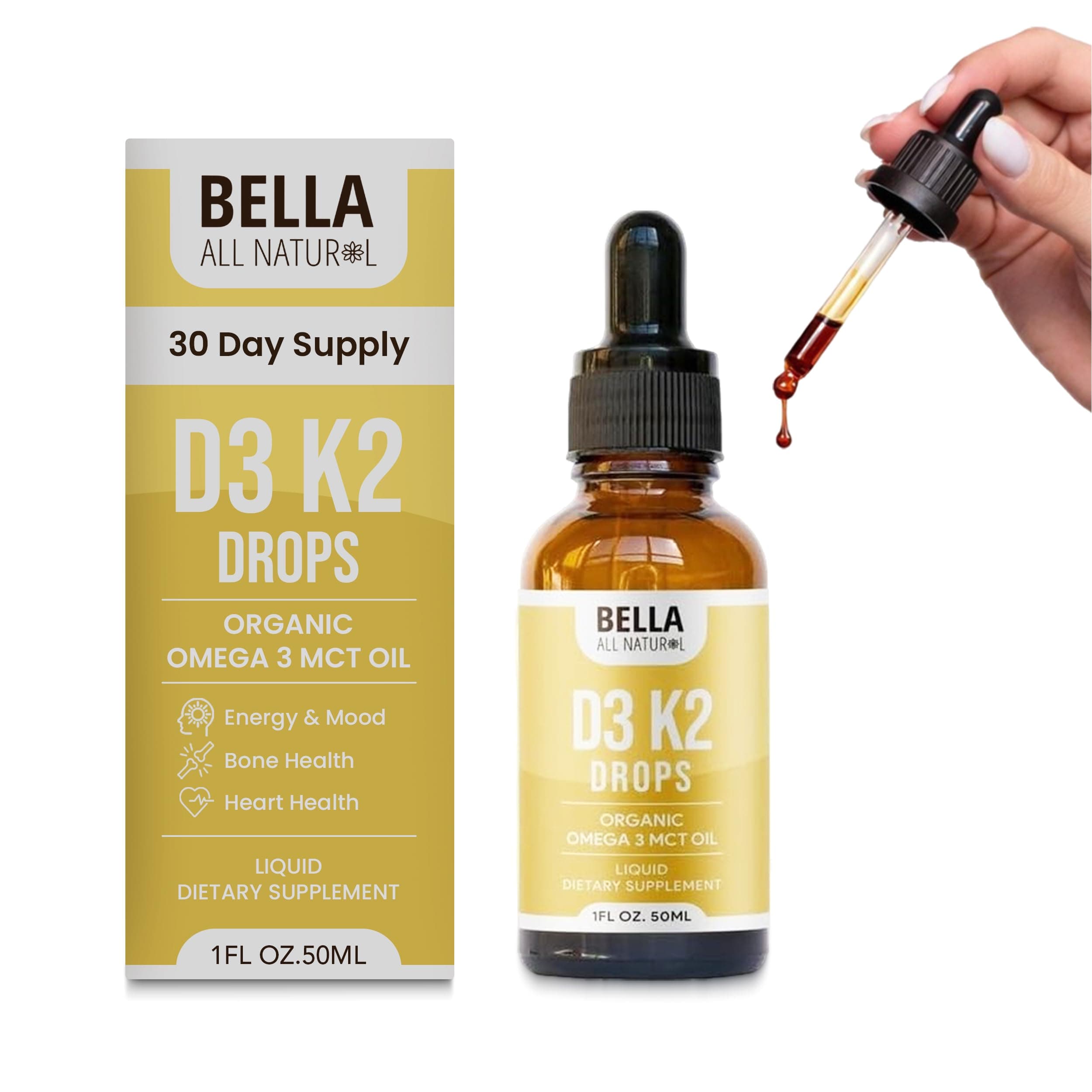 Bella All Natural Vitamin D3 K2 Liquid Drops 5000 IU (Unflavored) - Omega 3 with MCT Oil - Liquid Vitamin D Drops for Adults - This D3 K2 Drops Help Support Heart, Bone & Immune Health
