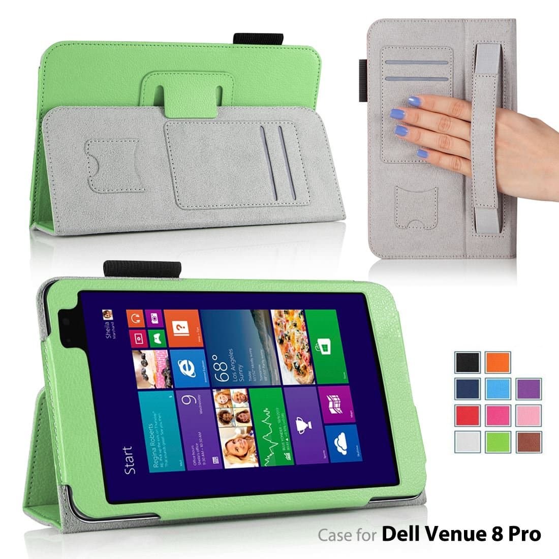 FOR Dell Venue 8 PRO PREMIUM QUALITY PU LEATHER FOLIO PROTECTIVE CASE COVER STAND, MICROFIBER INNER, STYLUS SLOT, Hand Strap and Credit Cards Holders!