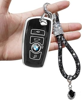 Yumzeco Car Key Case Compatible with BMW with Bling Diamonds Keychain,4 Buttons Key Fob Case for 1 2 3 4 5 6 7 X3 X4 M2 M3 M4 M5 M6 Series,TPU Silicone KeyCover BMW Keyless-Black