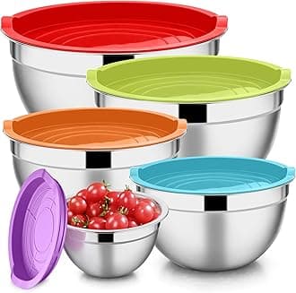E-far Mixing Bowls with Lids Set of 5, Stainless Steel Mixing Bowls Metal Nesting Bowls, Airtight Lids & Scale Marks, Healthy & Easy Clean, Great for Cooking, Baking, Serving - Size 1.5/2/3/4/5 QT