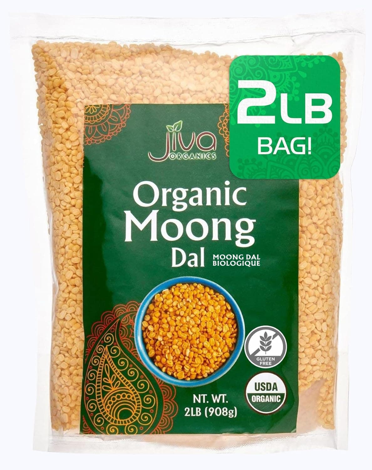 Yellow Moong Dal 2 Pound - Non-GMO - Great for Kitchari - Split Mung Beans Washed