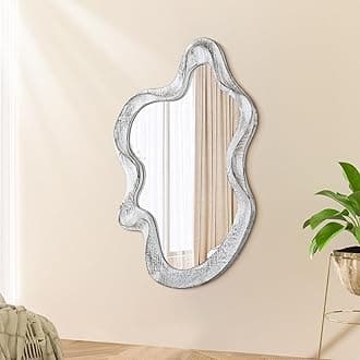 Asymmetrical Mirror Wood Frame Irregular Wall Mirrors Unique Shape Wall Mounted Modern Artistic Cloud Mirror Decorative for Living Room Bedroom Cloakroom Bathroom Entryway Hallway White