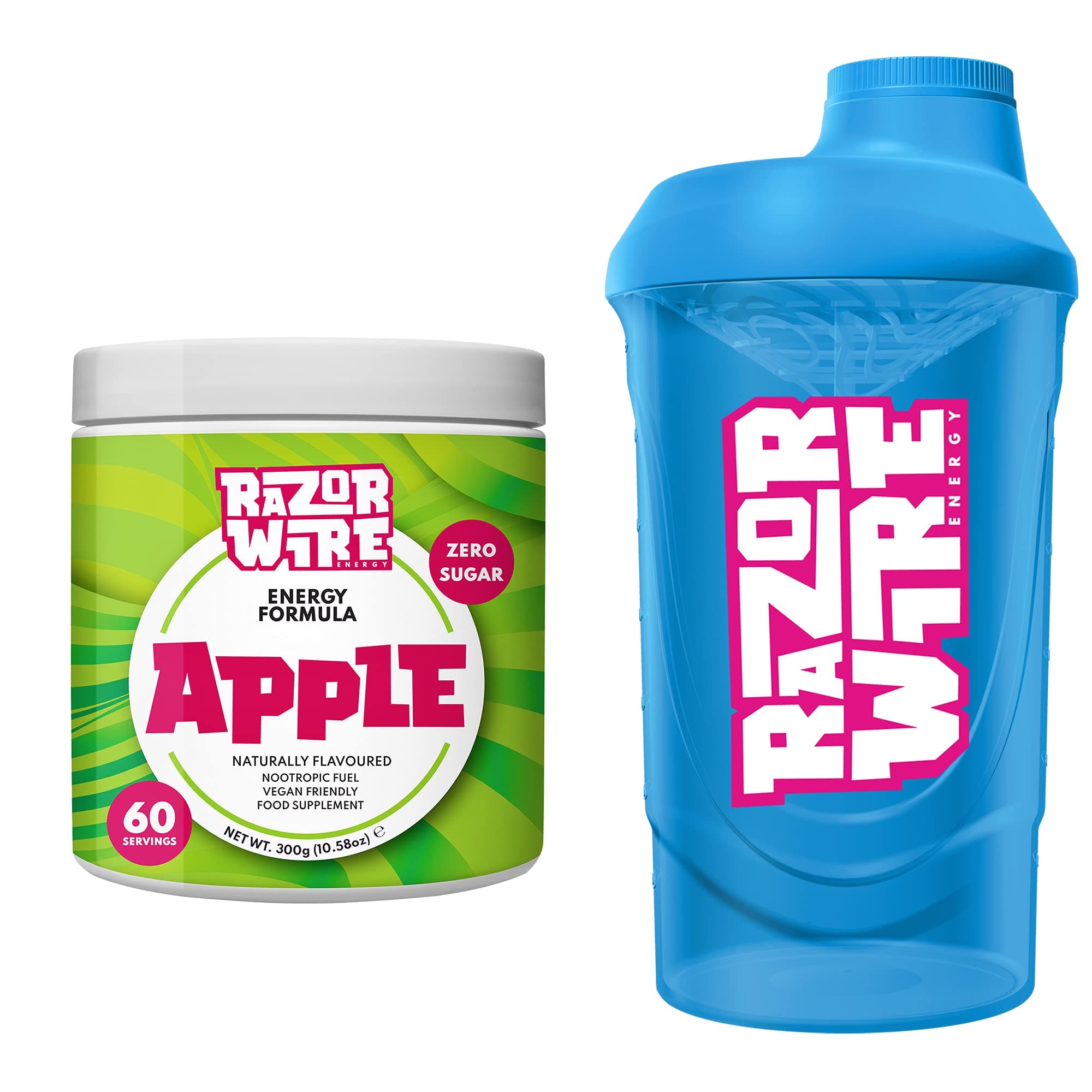 RAZORWIRE ENERGY | Apple | Focus Boost Energy Drink, Zero Sugar, Low-Calorie, Vegan | 60 Servings + Blue Lagoon Shaker (600ml)