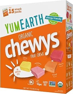 Organic Chewys Fruit Flavored Candy Chews - Allergy Friendly, Gluten Free, Non-GMO, Vegan, No Artificial Dyes - Assorted Flavors, 7.5 oz.