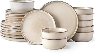 GBHOME Ceramic Dinnerware Sets for 8, 24 Pieces Stoneware Plates and Bowls Sets, Scratch Resistant Dishes, Dishwasher & Microwave Safe, Reactive Glaze-Cappuccino