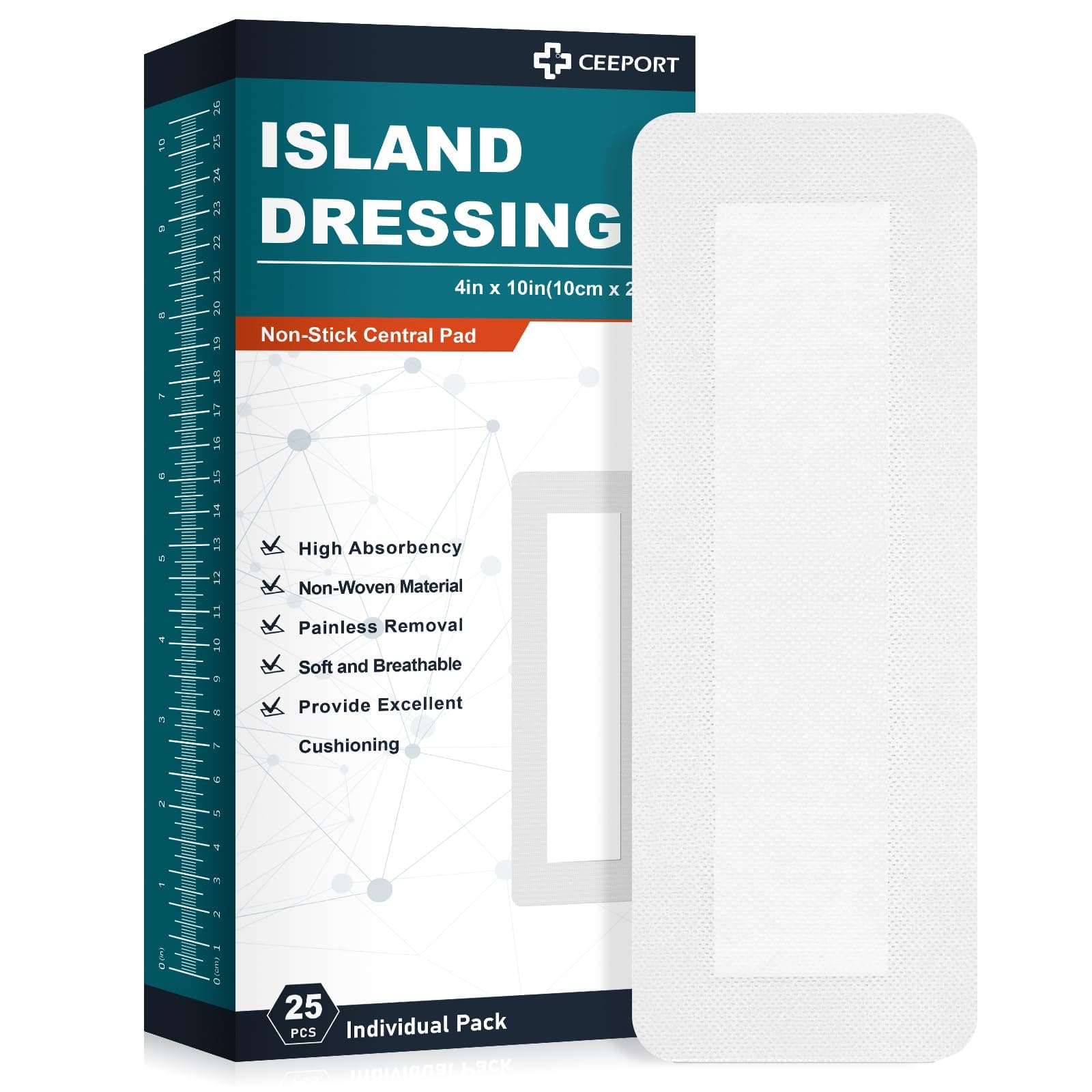 Island Dressing Bordered Gauze 4"x10", 25 Individually Packed Non-Stick Pad in Center with Adhesive Border,Soft & Highly Absorbent Medical Grade Dressing Gauze Pad for Wound Care and First Aid