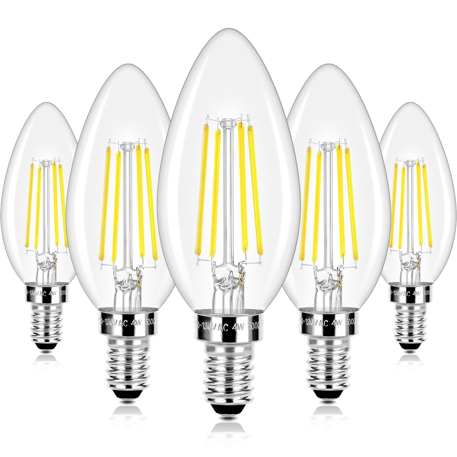LED Candle Bulbs 40W Equivalent Dimmable, E12 Candelabra Light Bulbs 4W 470Lm Clear Edison LED Bulb, Daylight White 5000K B11 Classic Bright Filament Bulb, Decorative Lights for Lamps, Pack of 5