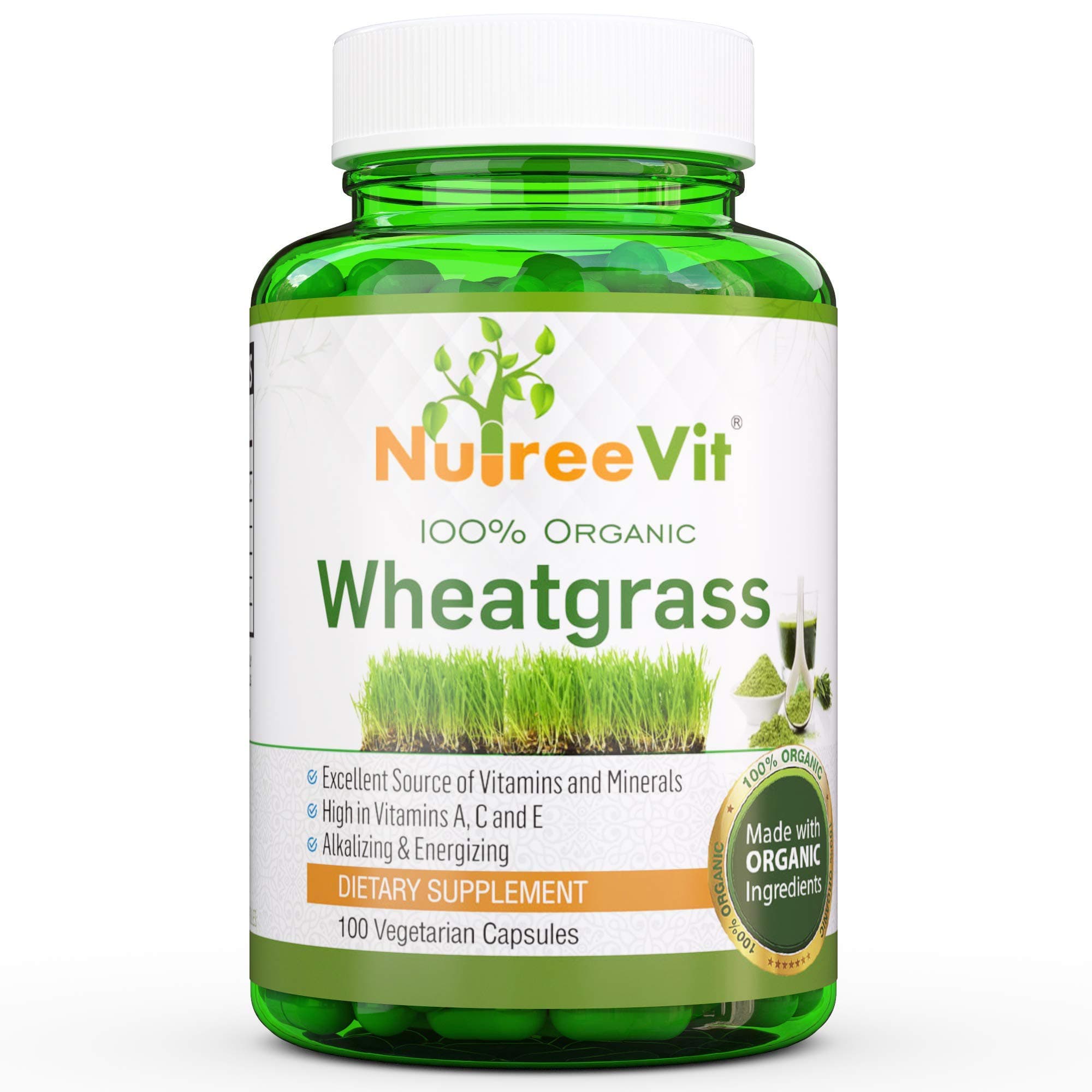 NutreeVit 100% Organic Wheatgrass Capsules - Immune Support, Anti-Inflammatory, High Fiber Capsules - Organic Vitamin C, A, and E Wheatgrass Powder with Calcium and Minerals - 200 Count Bottle
